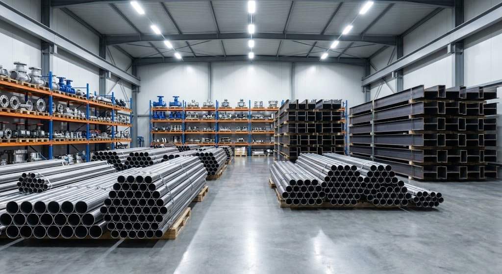 A warehouse with shelves stacked with metal products