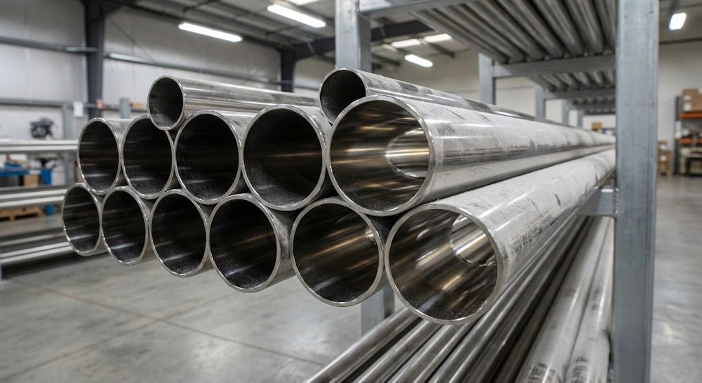 A close-up photo of a metal pipe on a shelf